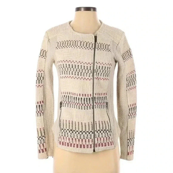 Lucky Brand | Cream Embroidered Knit Jaquered Zip Boho Motorcycle Jacket Size S - Picture 2 of 12